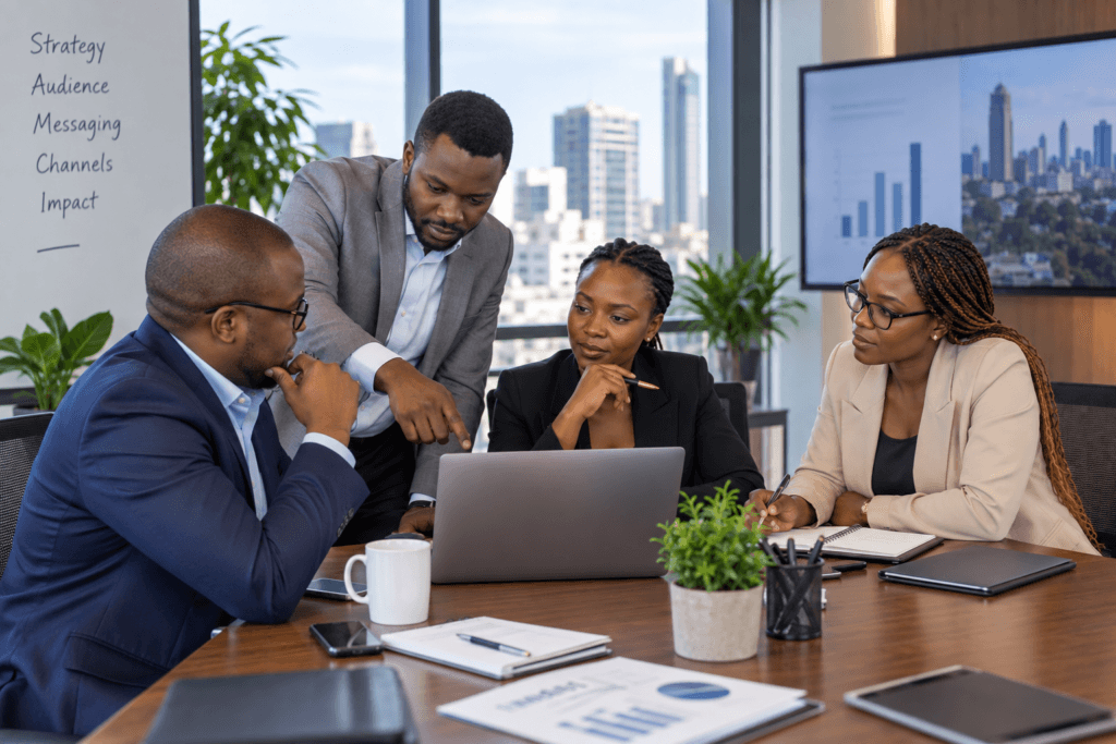 African executives discussing communications strategy in a modern Nairobi office.