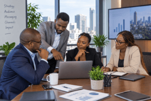 African executives discussing communications strategy in a modern Nairobi office.
