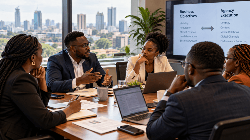 African business professionals discussing strategy during a client agency meeting in a Nairobi boardroom